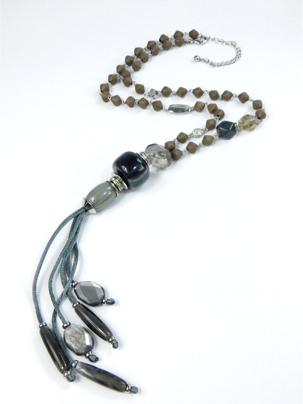 Chico's Wood Beaded Acrylic Tassel Pendant Necklace Grey 32" Silver Tone